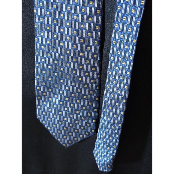 Hickey-Freeman Collection Mens Silk Tie Blue & Yellow Geometric Pattern Made In - Picture 7 of 10